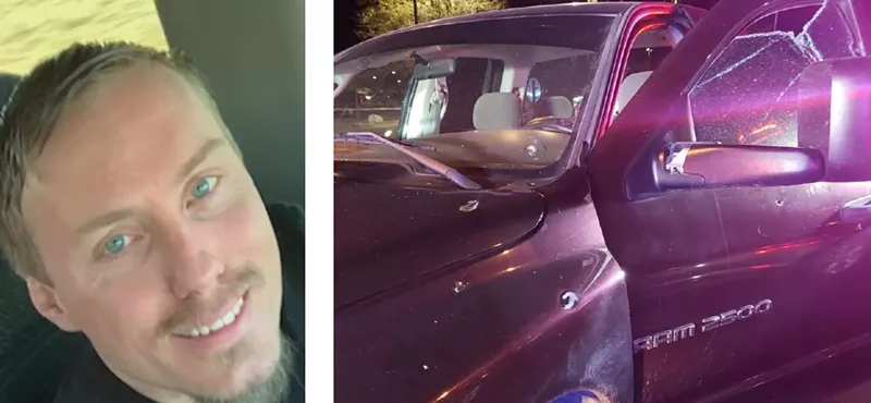 Image: A portrait of the late John Pacheaco Jr. and a photo of the truck in which he was shot on Halloween 2020.