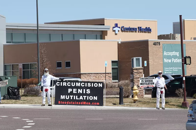 Image: Intactivists protest outside Centura Health in Thornton
