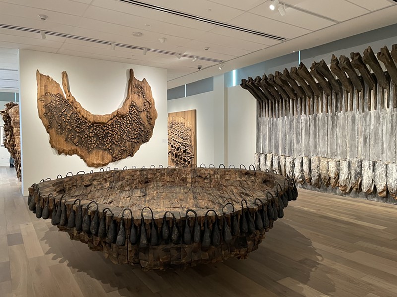 Installation view of Ursula von Rydingsvard: The Contour of Feeling at the Freyer-Newman Center with “Ocean Floor” in the foreground.