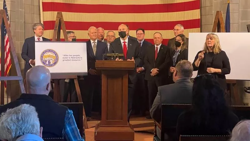 Image: Nebraska Governor Pete Ricketts at the podium at a January 10 announcement about a plan to "strengthen water resources."