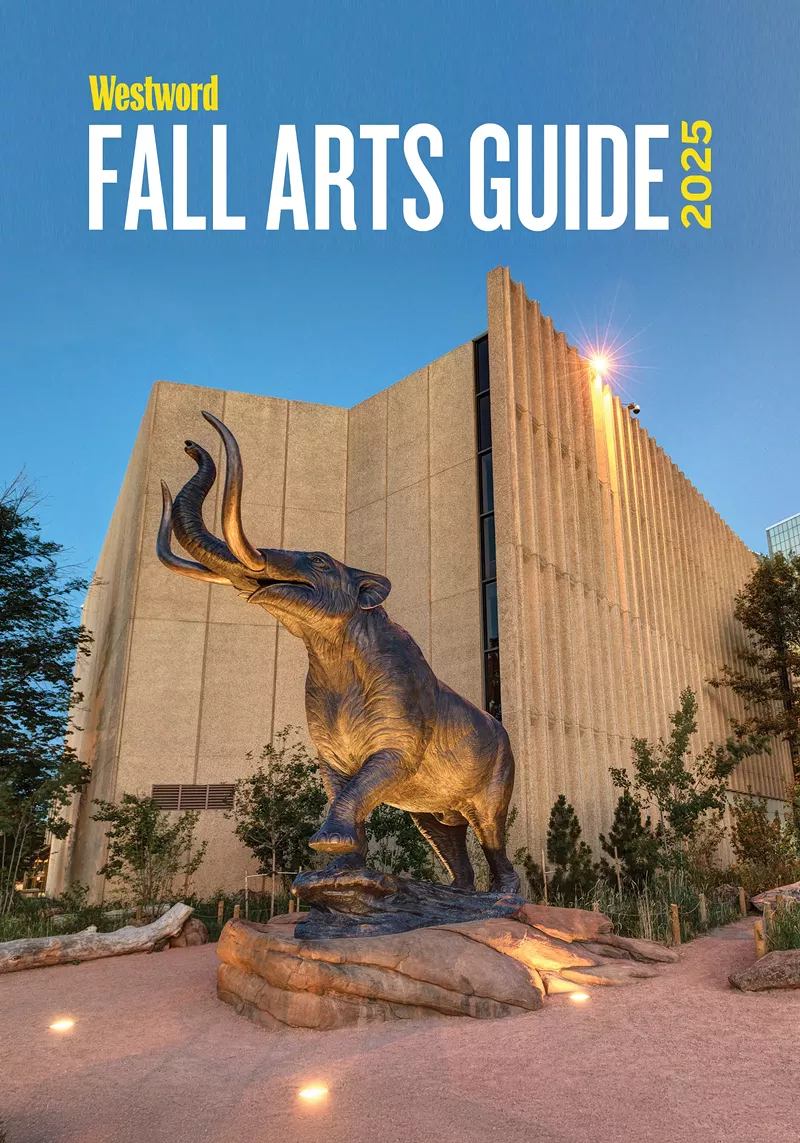 Image: A photo of an elephant statue, text over the photo reads "Westword Fall Arts Guide"