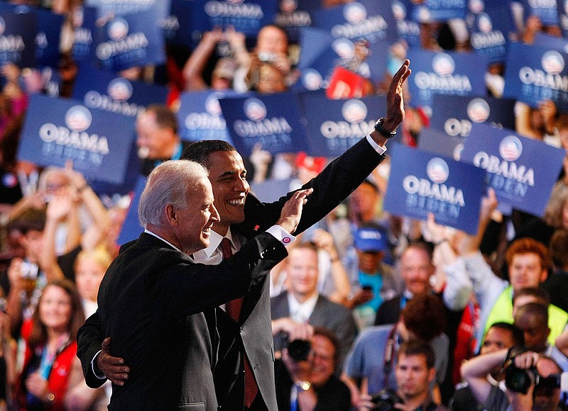 Presidential candidate Barack Obama and Joe Biden, his vice-presidential candidate, on  August 27, 2008, at the Democratic National Convention in Denver.