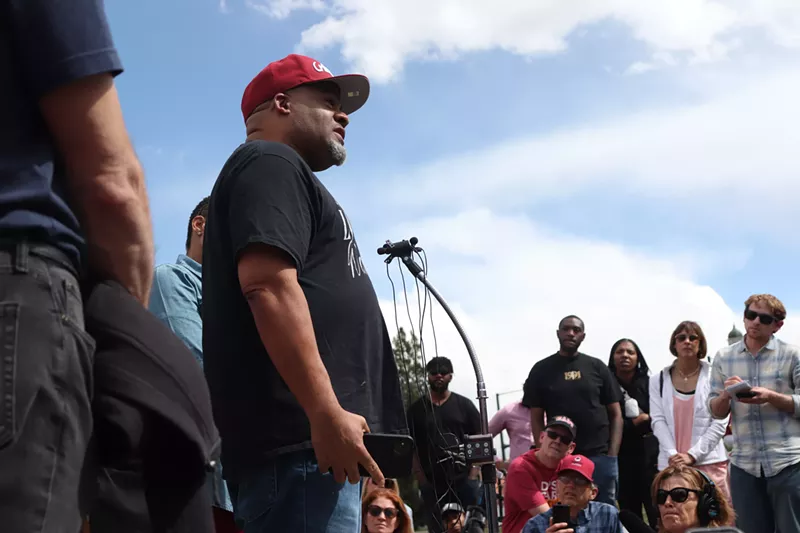 Image: Wayne Mason, who was shot by Austin Lyle on March 22 inside East High School, addresses reporters for the first time at a Parents - Safety Advocacy Group press conference.
