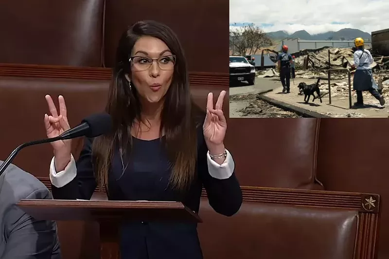 Image: A photo composite of Colorado Congresswoman Lauren Boebert speaking in Washington, D.C., and destruction from the Maui wildfires.