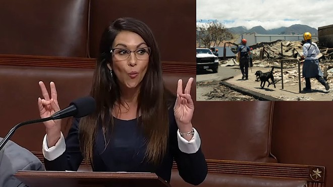 A photo composite of Colorado Congresswoman Lauren Boebert speaking in Washington, D.C., and destruction from the Maui wildfires.