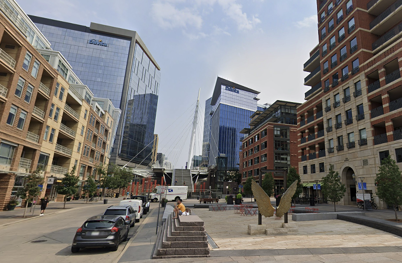 The plaza by the Denver Millennium Bridge, where a man was seen firing a bow and arrow on Friday, August 9.