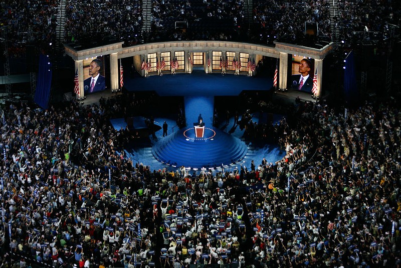 Barack Obama giving his acceptance speech at Mile High Stadium.