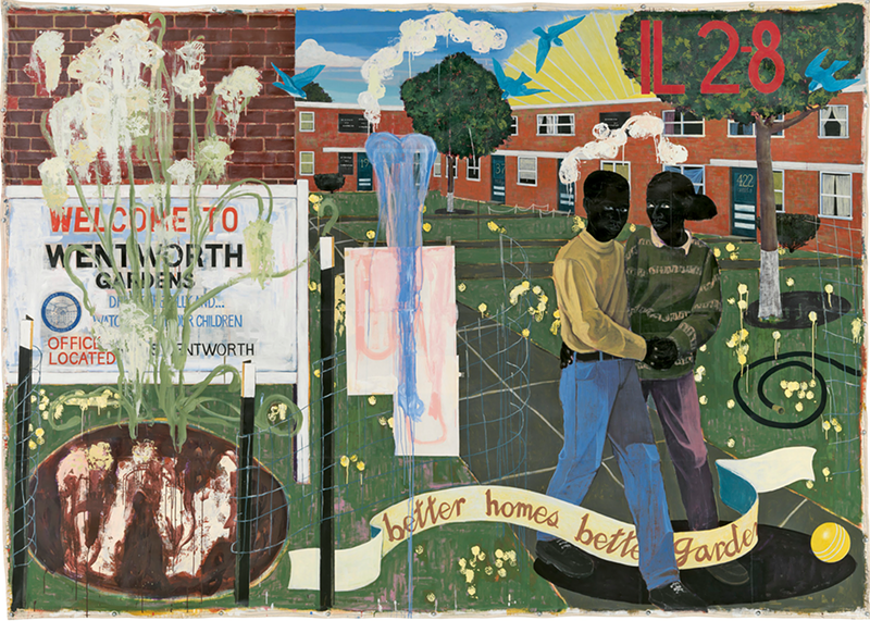Image: a painting of people walking through a city garden