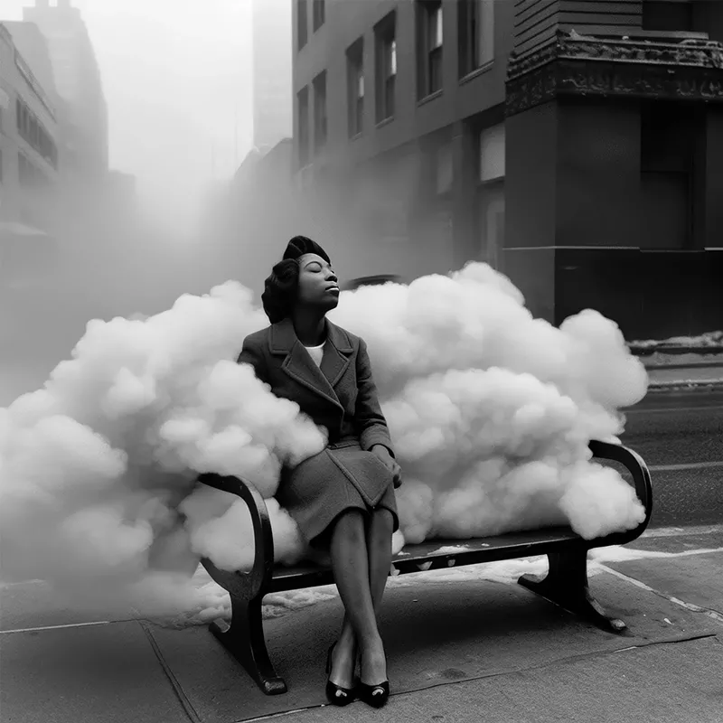 Image: woman sitting on bus bench with clouds around her