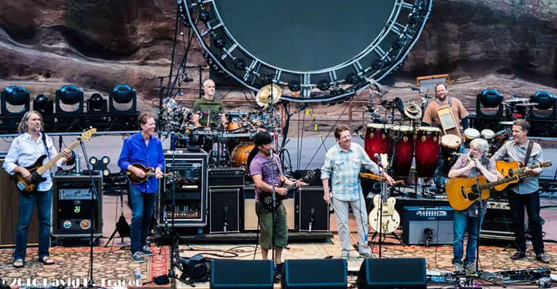 Image: Members of Hot Rize and String Cheese Incident sharing the stage at Red Rocks.