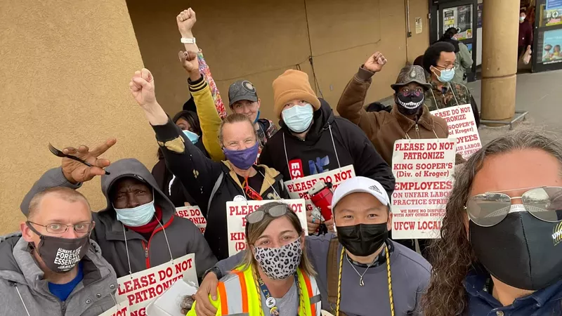 Image: A photo of striking workers near the entrance to a King Soopers store, as shared by UFCW Local 7 on January 18.