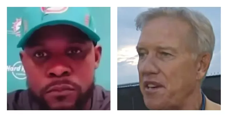 Image: Brian Flores during his final press conference as head coach of the Miami Dolphins and John Elway during an August 2021 interview.