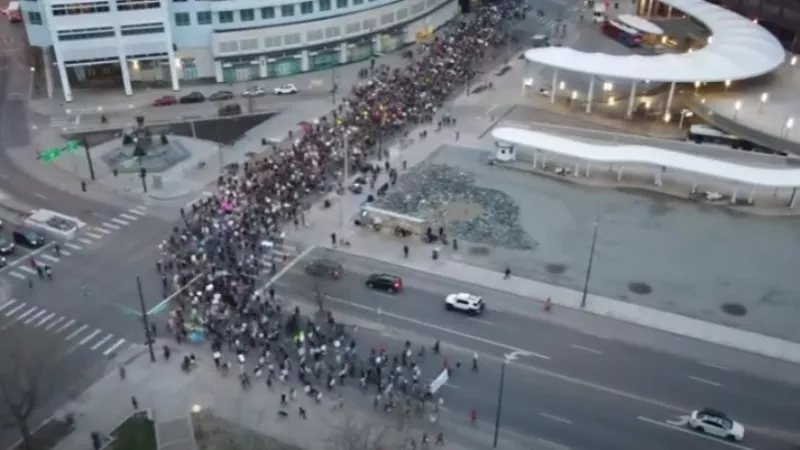 Image: An bird's eye view of abortion-rights supporters marching in downtown Denver on May 3.