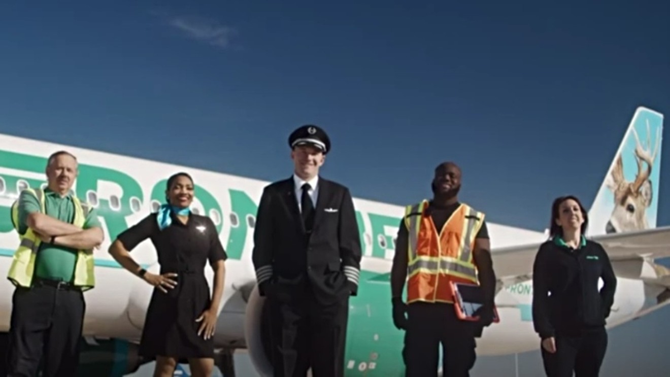 A screen capture from a promotional video for Frontier Airlines.