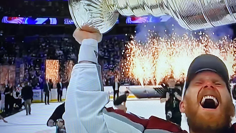 Image: Colorado Avalanche captain Gabriel Landeskog exults while hoisting the Stanley Cup on June 26.