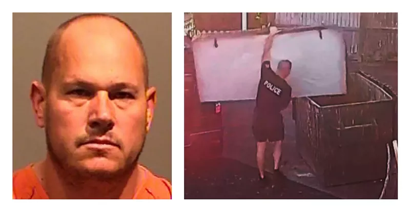 Image: Timothy Hyatt's booking photo and a screen capture from video of him illegally dumping trash in 2016.