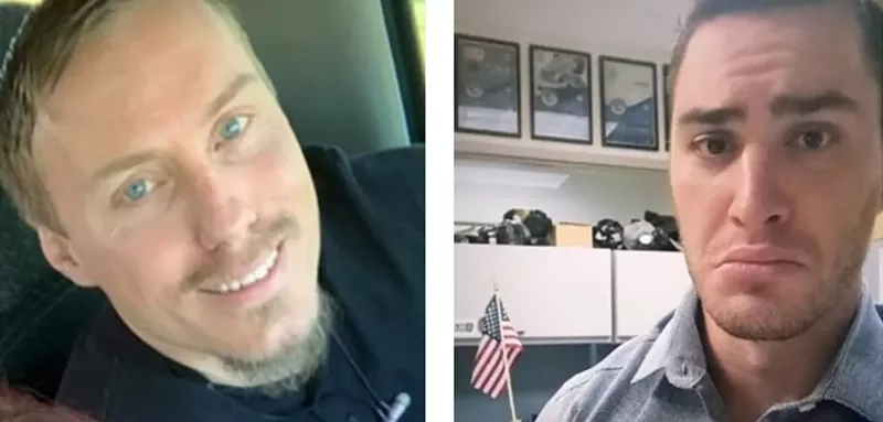 Image: A family photo of the late John Pacheaco Jr. and an excerpt from a social media post spotlighting Officer Chandler Phillips putting on a comic pout after being placed on desk duty following the fatal shooting.