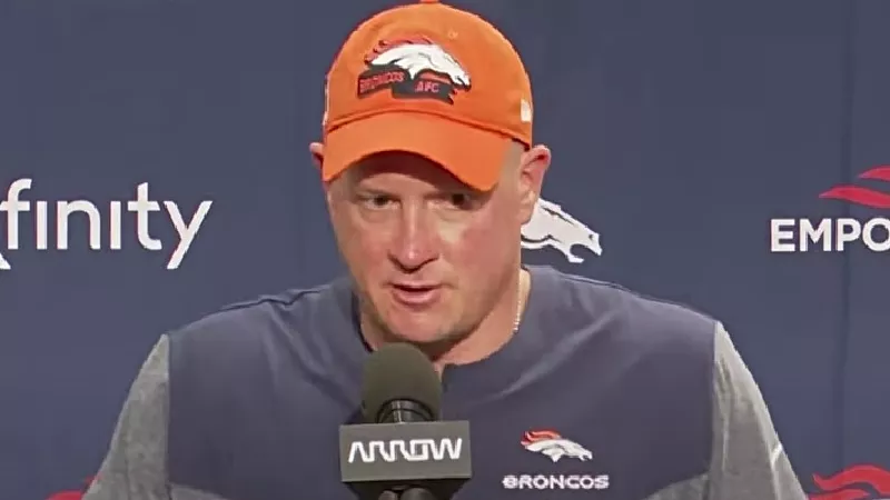 Image: Denver Broncos head coach Nathaniel Hackett during an interview following his squad's loss to the Seattle Seahawks.