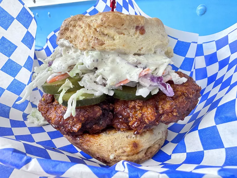 Image: fried chicken and coleslaw on a biscuit