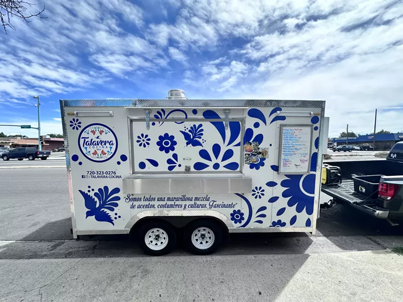Image: blue and white food trailer