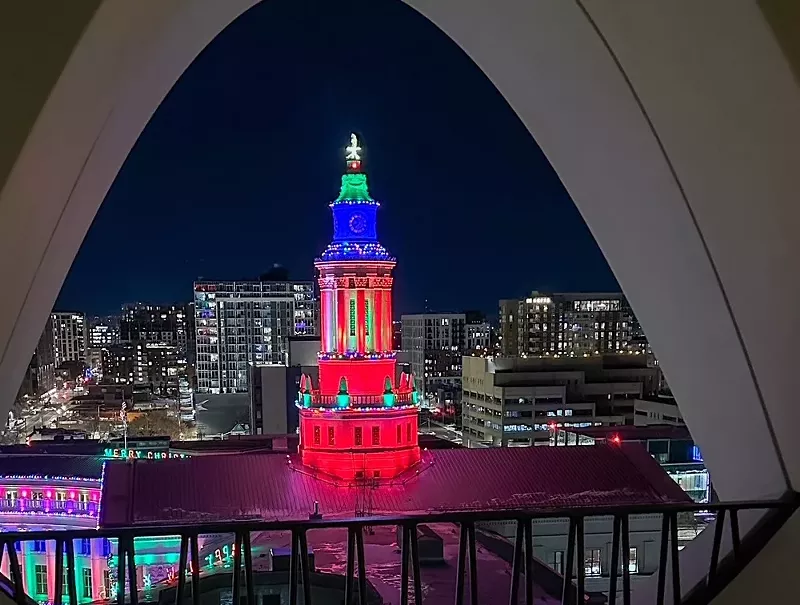 Image: building lit up for holidays
