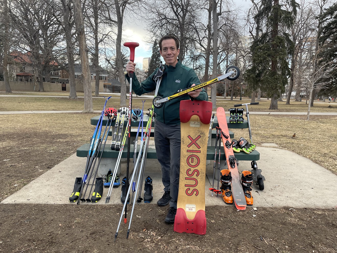 Dan Bowen moved to Denver to ski every day, employing many types of skiing, including SpikeBoarding — the equipment needed is shown here — to reach his goal.