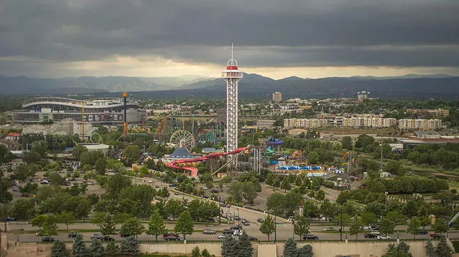 A panoramic view of Denver facing west, showing the Elitch's Amusement Park and Broncos stadium.