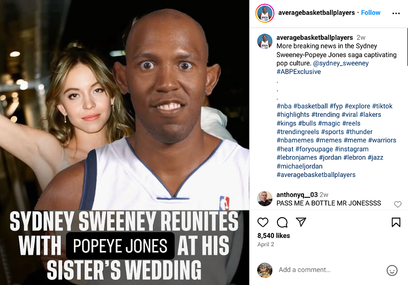 Image: The meme that kicked off the latest trend includes a 2002 roster photo of Popeye Jones and actress Sidney Sweeney.