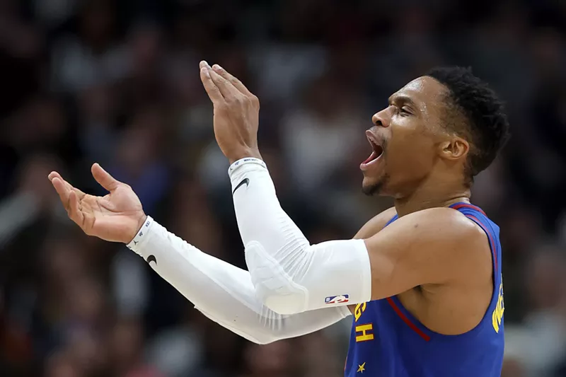Image: Russell Westbrook celebrates for the Denver Nuggets