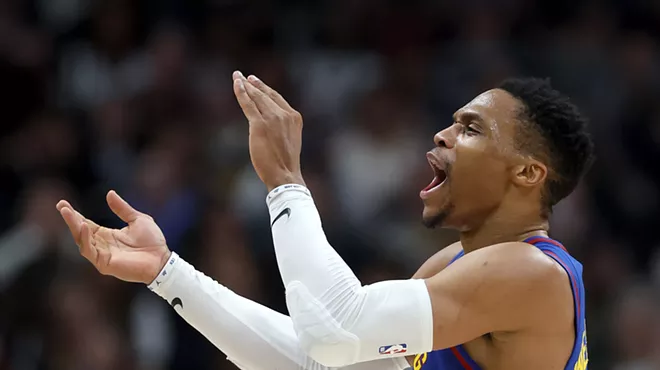 Russell Westbrook celebrates for the Denver Nuggets