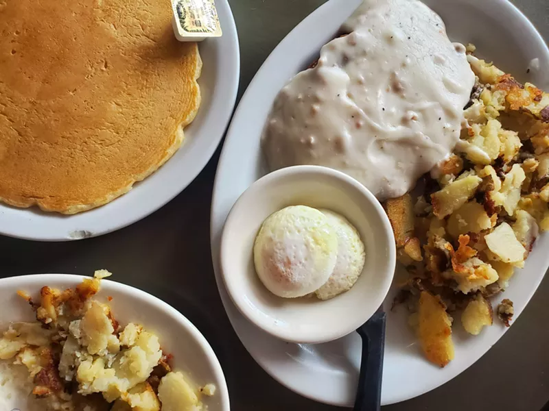 Image: Chicken fried steak and pancakes at Breakfast Inn.