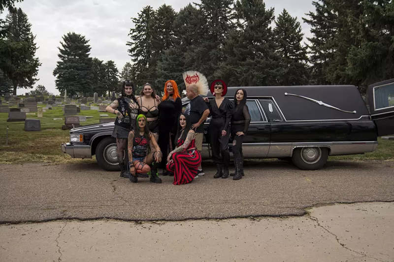Image: The Metal Maidens with "Mohawk" Bob Bagnal, after a music video shoot for local band Human Paint.