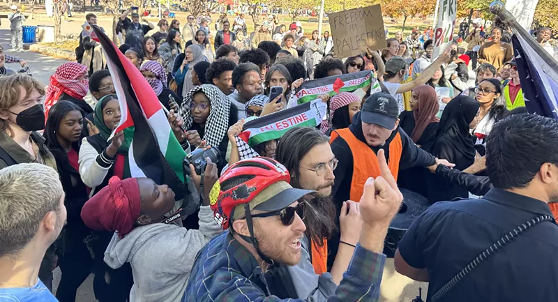 Image: Pro-Palestine supporters on Wednesday, October 25, outside the Golda Meir House Museum at the Auraria Campus in Denver.