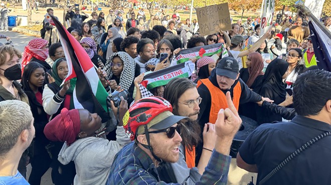 Pro-Palestine supporters on Wednesday, October 25, outside the Golda Meir House Museum at the Auraria Campus in Denver.