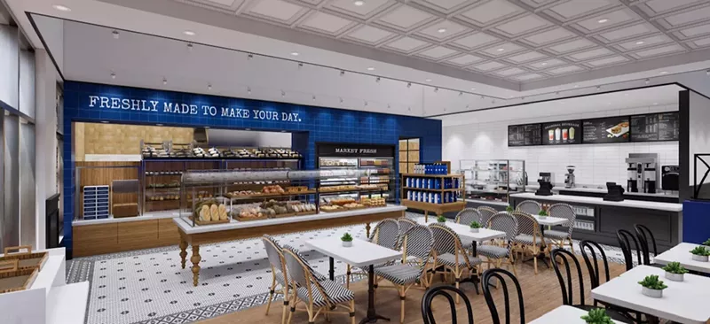 Image: a rendering of the inside of a bakery with tables and a case filled with pastries