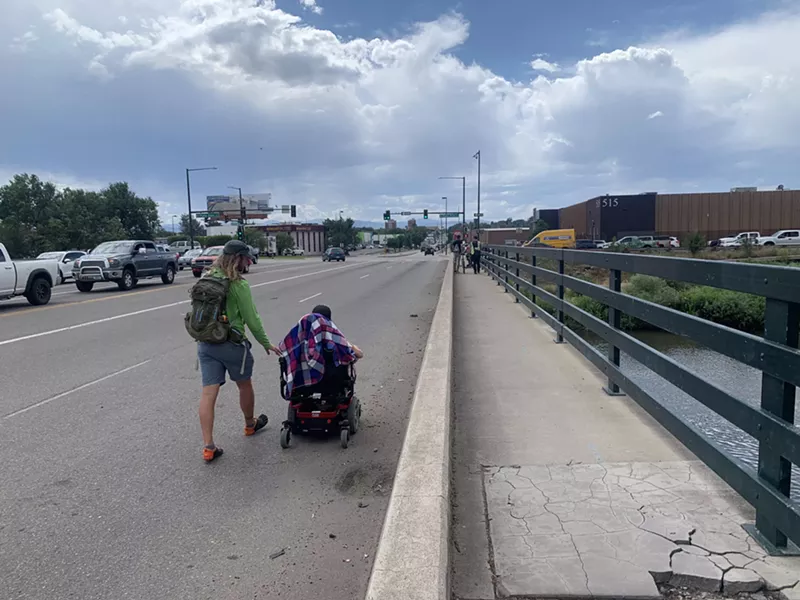 Image: Phyllis Mack sometimes has to roll in the street because of poor pedestrian infrastructure.