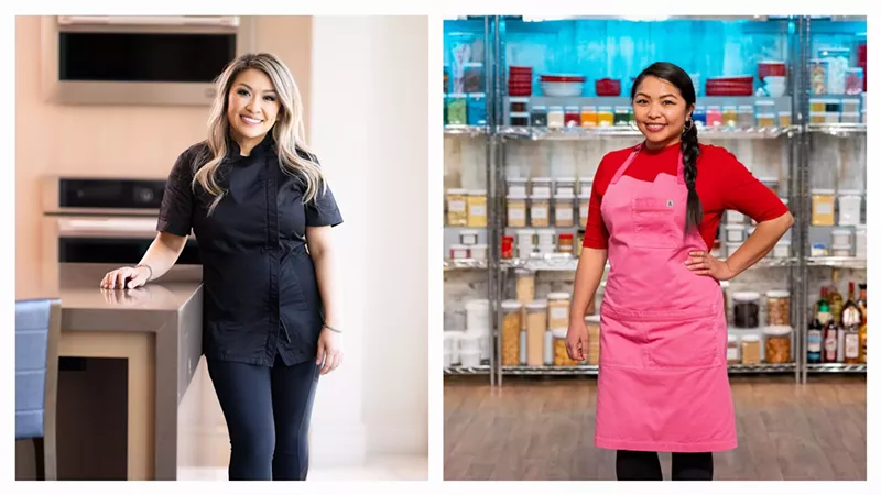Image: a photo of a woman in a black chefs coat next to a phot of a woman in a pink apron