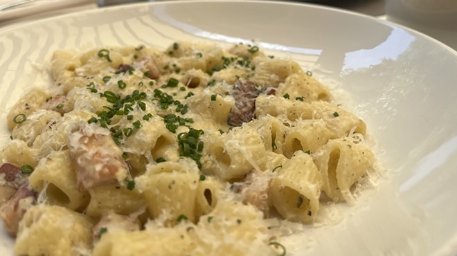 A dish with creamy pasta
