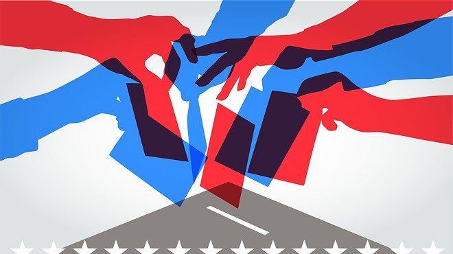 An illustration of blue and red hands putting ballots inside of a ballot box.