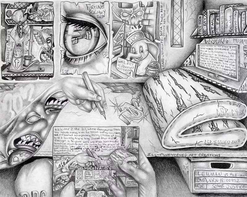 Image: pencil drawing of man in cell
