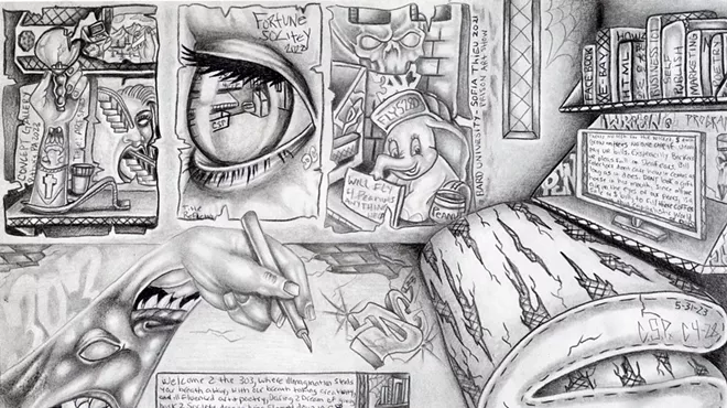 pencil drawing of man in cell