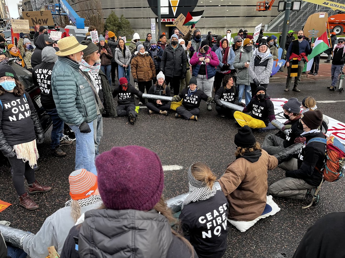 Jewish Voice for Peace protesters staged their sit-in on Speer Boulevard near the Colorado Convention Center as it hosted the Jewish National Fund’s 2023 Global Conference for Israel.