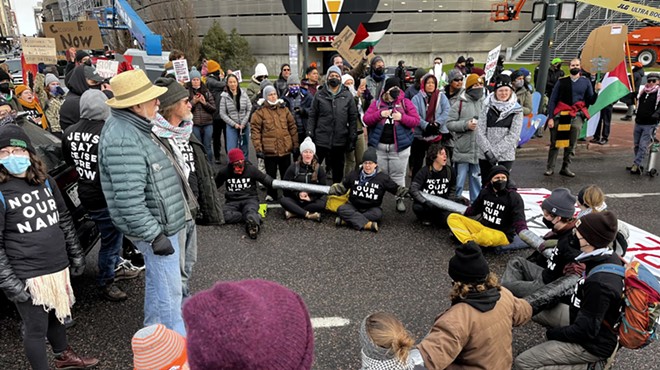 Jewish Voice for Peace protesters staging their sit-in on Speer Boulevard near the Colorado Convention Center as it hosts the Jewish National Fund’s 2023 Global Conference for Israel.