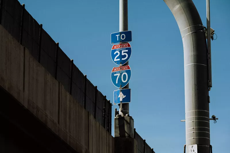 Image: highway signs in Denver for I-25 and I-70