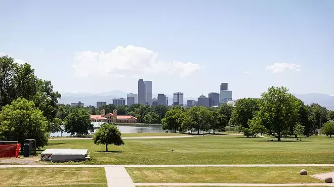 view from park of Denver skyline
