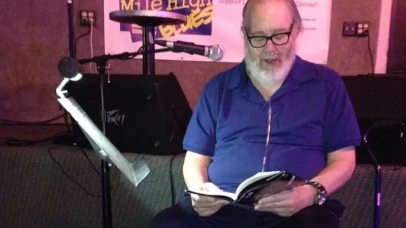 Image: Jay Marvin at a poetry reading in 2014, during a rare public appearance following the illness that forced him to retire from radio.