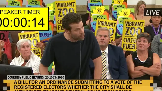 Avi Stopper speaks at a City Council hearing.