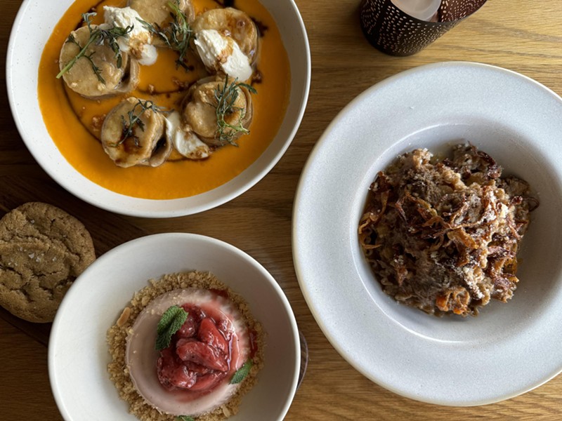 A trio of Kernza dishes: tajarin pasta with lamb ragu; panna cotta with a Kernza cookie; cappeletti.