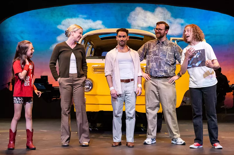 Image: A group of actors perform onstage in Aurora Fox's Little Miss Sunshine.