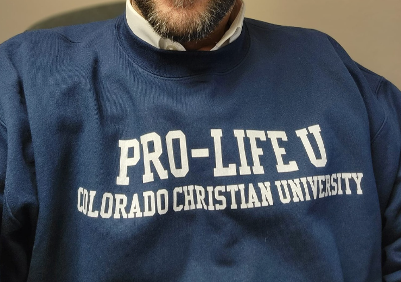 Jeff Hunt wearing his "Pro-Life U" sweatshirt.
